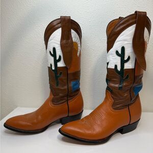 Vintage Montana Boots Cactus Western Horizon Scene Brown Tan White 7B RARE EUC